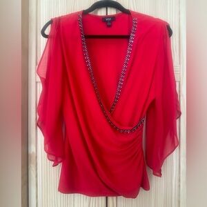 MSK Vibrant Red Embellished Blouse with peek-a-boo  sleeves a very festive top